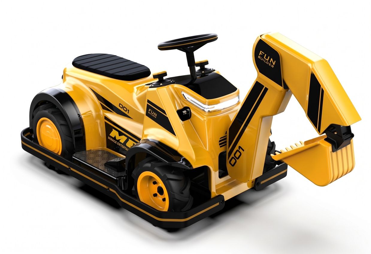 Yellow Fun Builder ride-on with excavator arm attachment