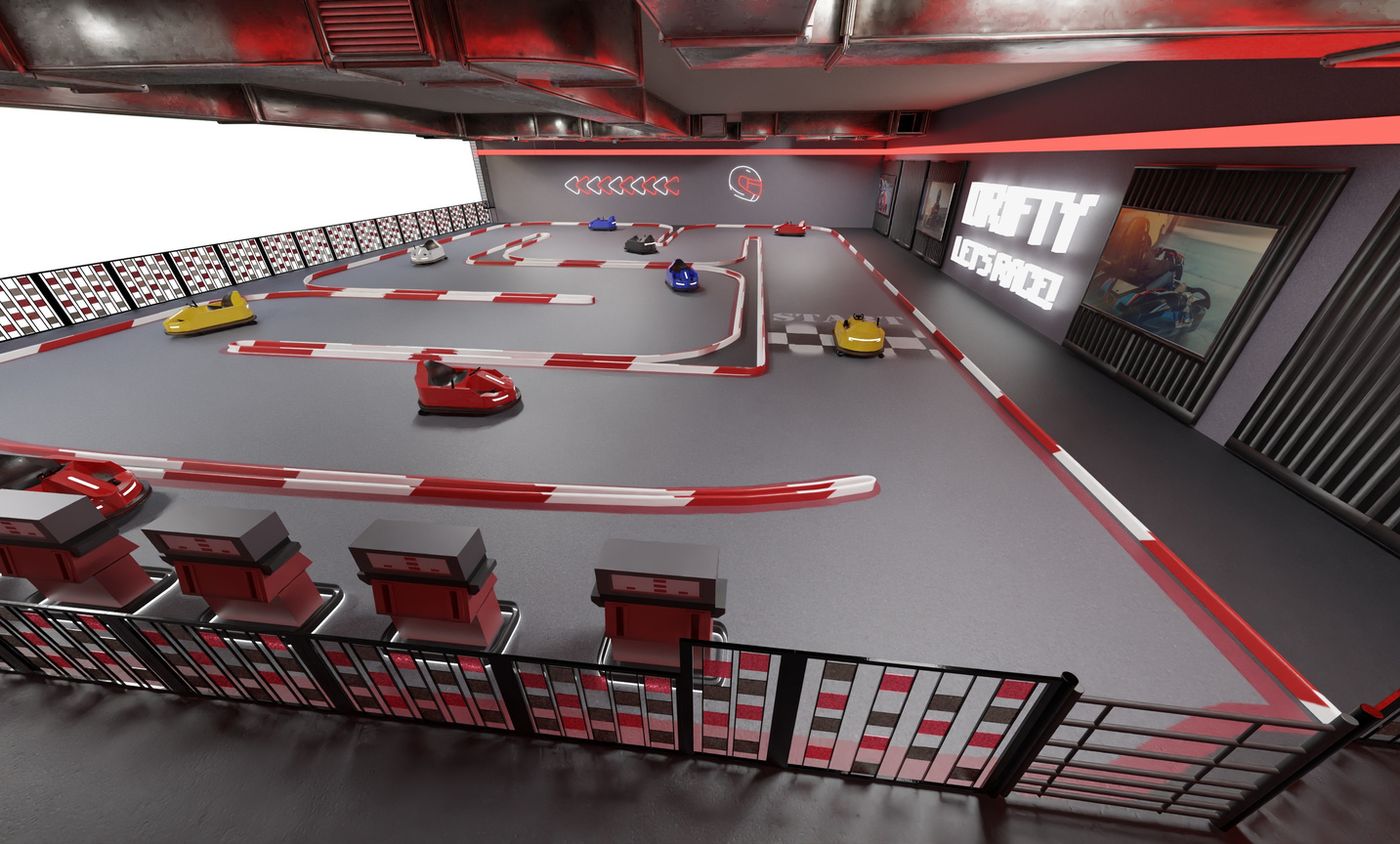 Drift arena from the spectator edge with charging bays