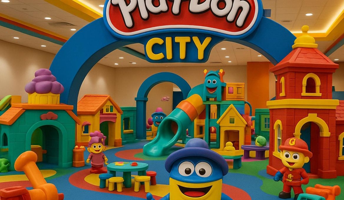 Colourful character play city with arch, houses and slide